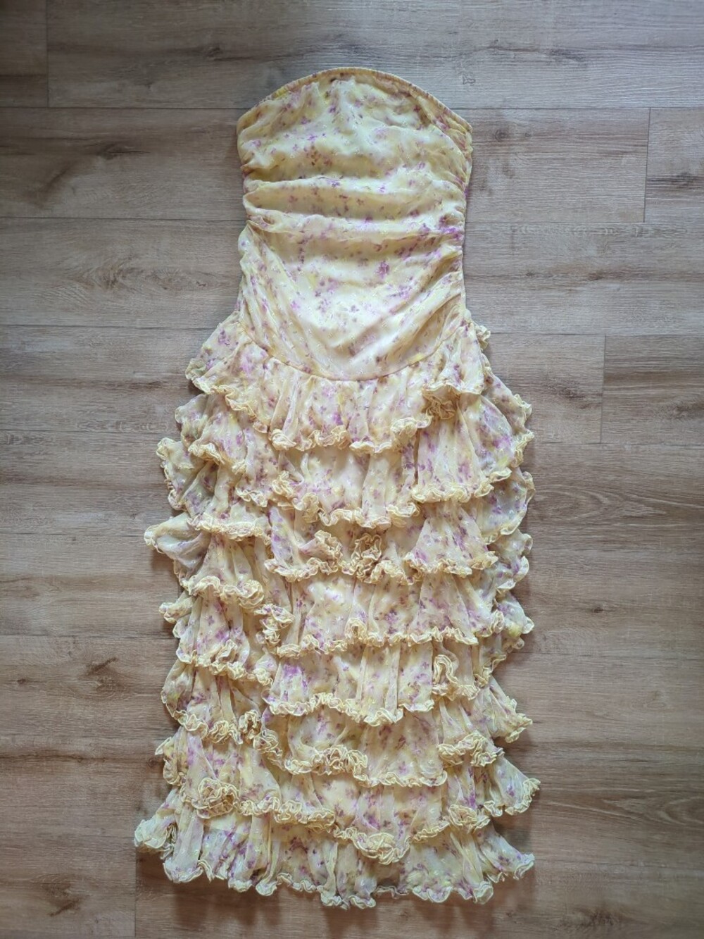 Chiffon Ditsy Floral Print Tiered Frill Frilly Maxi Dress Strapless 8 Pastel